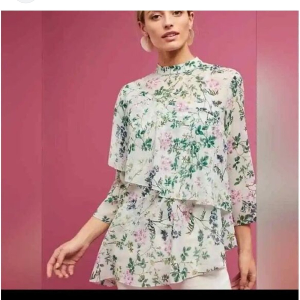 Hemet & Nandita Anthropologie Courtney Chiffon  White Floral blouse SMALL